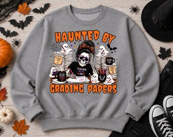 Halloween Teacher PNG, Haunted By Grading Papers PNG, Spooky Teacher Skeleton Design, Teacher Shirt Sublimation Download