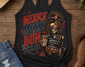 Patriotic Skeleton Girl PNG | Retro Messy Bun Club Sublimation Design (Digital Download)