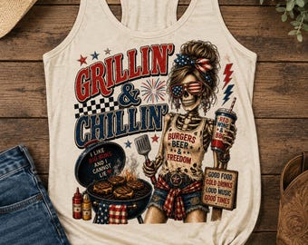 Grillin’ & Chillin’ PNG | Funny Patriotic BBQ Skeleton Shirt Design | 4th of July Sublimation PNG