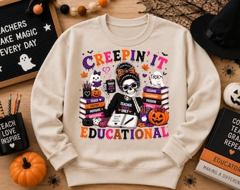 Creepin' It Educational PNG, Halloween Teacher PNG, Skeleton Teacher Design, Teacher Shirt Graphic, Fall Sublimation, Digital Download
