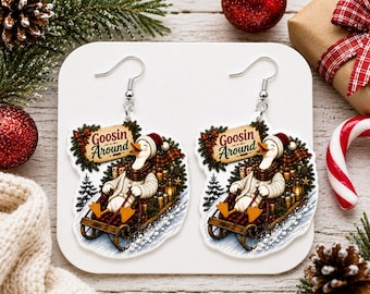 Funny Christmas Goose Earrings, Goosin Around Dangle Earrings, Handmade Holiday Earrings, Cute Goose Gift, Lightweight Christmas Jewelry