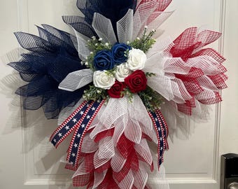 Patriotic Memorial Cross Wreath. Memorial, Independence, and Veterans Day Wreath. Red White and Blue Cross Wreath.