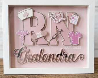 Pink nurse shadow box, nurse 3d letter, graduation present, graduation cap, pink nurse gift, pink shadow box, Registered nurse gift, nurse