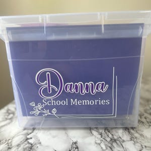 May include: A clear plastic storage box with a purple lid and a white label that says "Danna School Memories" in purple lettering.