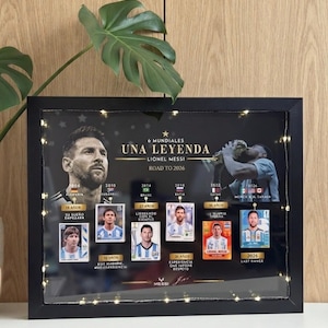 以下が含まれることがあります： 6 MUNDIALES UNA LEYENDA LIONEL MESSI ROAD TO 2026というテキストが記された、リオネル・メッシのコラージュ入り黒いフレーム。ディスプレイには複数の小さなポートレートカード、年号、国旗が含まれており、内蔵されたLEDライトで照らされています。