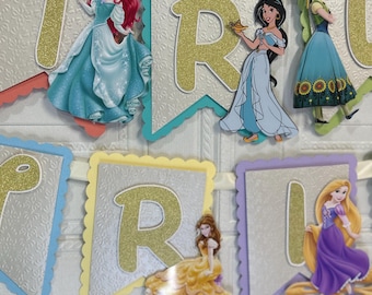 Princess birthday banner, princess cake topper, Disney birthday banner, Happy birthday banner, custom birthday banner.