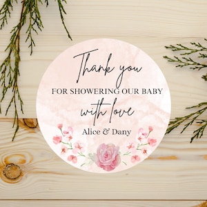 Thank you stickers, Baby shower thank you tags, Thank you for showering our baby stickers, Pink baby shower thank you stickers, Baby shower