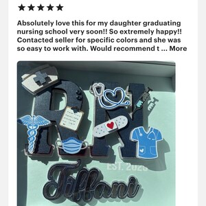 May include: A shadow box with the letters "RN" in black with various nursing-themed embellishments, including a stethoscope, a bandage, a syringe, a nurse's cap, a face mask, and a caduceus. The name "Tiffany" is written in silver below the letters and the date "EST. 2025" is written in white below the name.