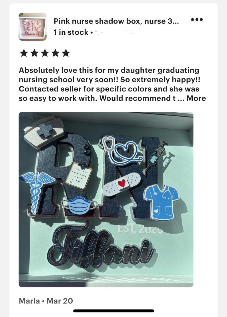 May include: A shadow box with the letters "RN" in black with various nursing-themed embellishments, including a stethoscope, a bandage, a syringe, a nurse's cap, a face mask, and a caduceus. The name "Tiffany" is written in silver below the letters and the date "EST. 2025" is written in white below the name.