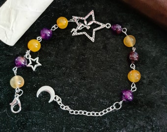 Handmade bracelet in stainless steel, Purple and orange pearls, Breloques Fairy, star and moon