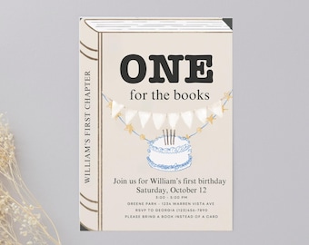 Bearbeitbar One For The Books Geburtstagseinladung | Bücher Geburtstag einladen | Erstes Kapitel Geburtstagseinladung | Benutzerdefinierte ersten Geburtstag einladen