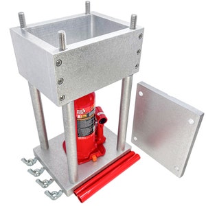 May include: A silver metal hydraulic press with a red hydraulic jack, a silver metal base plate, and three silver metal nuts. The press is designed for pressing and shaping metal.