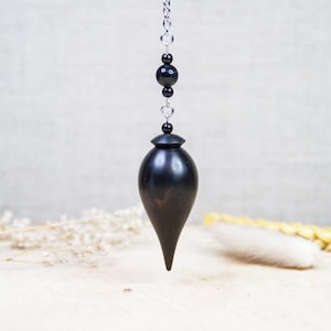 May include: A dark wooden pendulum with a teardrop shape, suspended by a silver chain with black beads. The pendulum is displayed against a neutral background with dried floral accents.