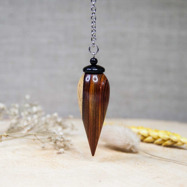 Pendule divinatoire en bois de Cocobolo et bois d'Ébène noire,  perle en Obsidienne -lesté -Long 5,7 cm- ø 2,1 cm- poids 13 grammes