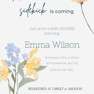 Blauwe en gele bloemen babyshoweruitnodiging bewerkbaar