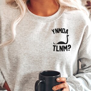 Puede incluir: Una sudadera gris con un gr&aacute;fico negro de un dinosaurio con el texto "YNMDA TLNM?" en la parte delantera. La sudadera la lleva puesta una persona que sostiene una taza de caf&eacute; negra.