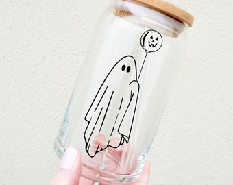 Ghost Pumpkin Coffee Glass, Ghost with Pumpkin Balloon, Ghost Beer Can Glass, Iced Coffee Glass, Aesthetic Glass, Halloween Coffee Glass