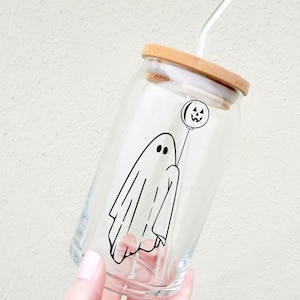 Ghost Pumpkin Coffee Glass, Ghost with Pumpkin Balloon, Ghost Beer Can Glass, Iced Coffee Glass, Aesthetic Glass, Halloween Coffee Glass