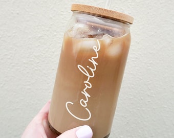 Personalized Iced Coffee Glass, Iced Coffee Cup Glass, Beer Can Glass, Bridesmaids Gifts, Aesthetic Glass, 16 oz Beer Can Glass, Soda Glass