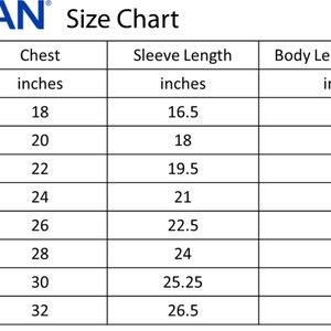 May include: A Gildan size chart with measurements in inches. The chart lists sizes S to 5XL, with corresponding chest, sleeve length, and body length measurements. For example, size S has an 18-inch chest, 16.5-inch sleeve, and 28-inch body length.