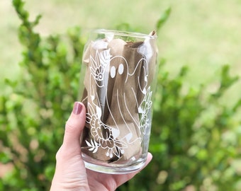 Flower Ghost Coffee Glass, Floral Ghost Cup, Beer Can Glass, Iced Coffee Glass, Aesthetic Glass, Spooky Season Can Cup, Halloween Cup