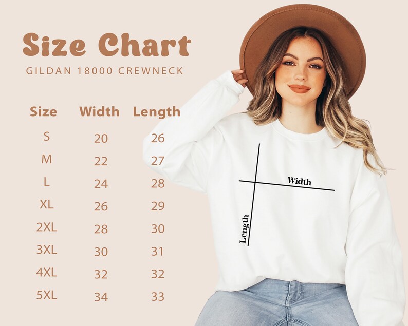 May include: Size chart for Gildan 18000 crewneck sweatshirts. The chart shows the width and length measurements in inches for sizes S through 5XL.