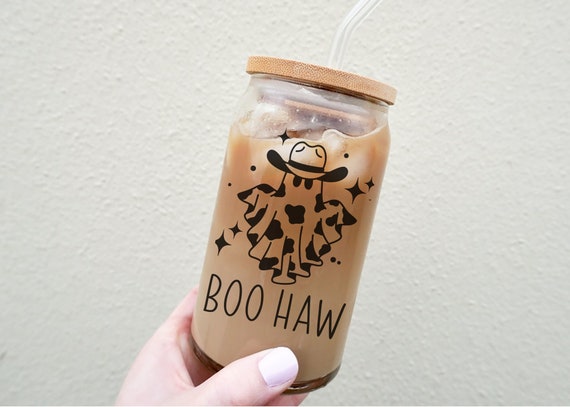 Boo Haw Coffee Glass, Cowboy Ghost Cup, Ghost Beer Can Glass, Iced Coffee Glass, Aesthetic Glass, Halloween Coffee Glass, Retro Halloween