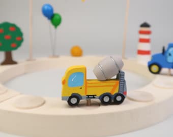 Figura de hormigonera para corona de cumpleaños | Estaca de madera para fiesta temática de obra | Base de 17 mm apta para coronas de cumpleaños de muchas marcas