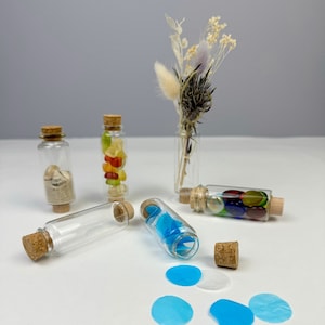 Könnte beinhalten: Fünf kleine Glasflaschen mit Korkverschlüssen, gefüllt mit verschiedenen Gegenständen, darunter bunte Süßigkeiten, Muscheln und blaues Papierkonfetti. Die Flaschen sind auf einer weißen Oberfläche mit einem Strauß getrockneter Blumen in einer Glasvase angeordnet.