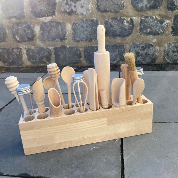 Heuristisches Material Montessori | Holzutensilien Spiel Küche | Aufbewahrungsblock Küchenhelfer und Stiftehalter | Zubehör Aktionstablett