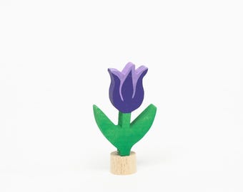 Figura de tulipán de madera, violeta | pintada a mano | aprox. 5 cm | motivo primaveral para anillos de cumpleaños y decoraciones de temporada | compatible con los hermanos Grimm