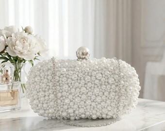 Benutzerdefinierte Gravur Perle Clutch Tasche, Abendtasche, Braut Clutch mit Perlen, Perlen Clutch, weiße Geldbörse, Hochzeit Clutch, personalisierte Tasche
