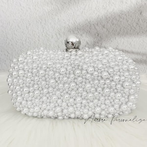 Custom Engraving Pearl Clutch Bag, Evening Bag, Bridal Clutch with Pearls, Beaded Clutch, White Purse, Wedding Clutch, Personalized Bag
