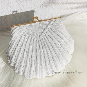 Cartera de novia grabada, bolso de cuentas con forma de concha, cartera de boda personalizada, cartera de novia, bolso de cuentas blancas de alta costura, bolso de novia art déco
