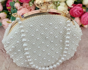 White Pearl Bridal Clutch Bag, Beaded Evening Purse