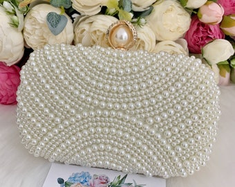 Pearl clutch Bag, Pearl evening bag, Bridal clutch with pearls, Beaded pearl clutch, Ivory pearl purse, Pearl wedding clutch