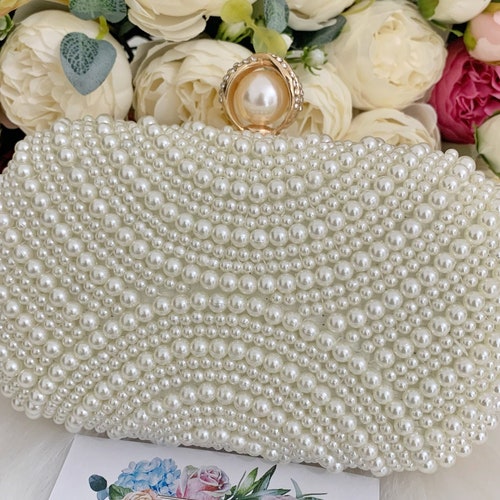 Wedding Clutch White Bridal Clutch Pearl Bag Bridal Purse Etsy
