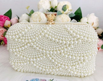 Pearl Clutch Bag, Pearl Evening Bag, Bridal Clutch with Pearls, Beaded Pearl Clutch, Ivory Pearl Purse, Wedding Clutch, Personalized Bag