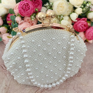 White Pearl Clutch Bag, Pearl Evening Bag, Bridal Clutch with Pearls, Beaded Pearl Clutch, Pearl Purse, Pearl Wedding Clutch