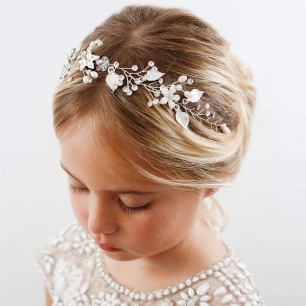 Flower Girl Headpiece Silver Princess Wedding Headband -Baby Girls Flower Pearl Hair Accessories for Birthday Party, Photography