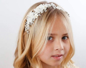 Flower Girl Headpiece Tulle Flowers Wedding Headband for Girls, Princess Pearl Hair Accessories for Birthday Party, First Communion