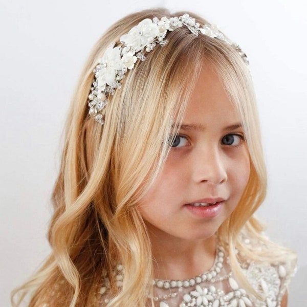 Flower Girl Headpiece Tulle Flowers Wedding Headband for Girls, Princess Pearl Hair Accessories for Birthday Party, First Communion