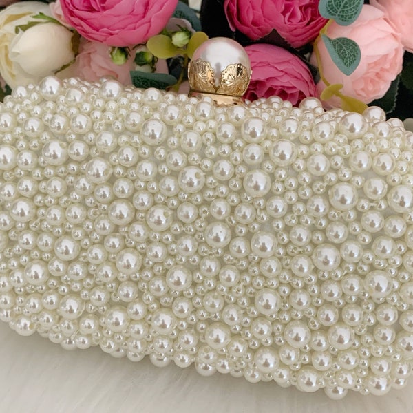 Pearl Clutch Bag, Pearl Evening Bag, Bridal Clutch with Pearls, Beaded Pearl Clutch, Ivory Pearl Purse, Wedding Clutch, Personalized Bag