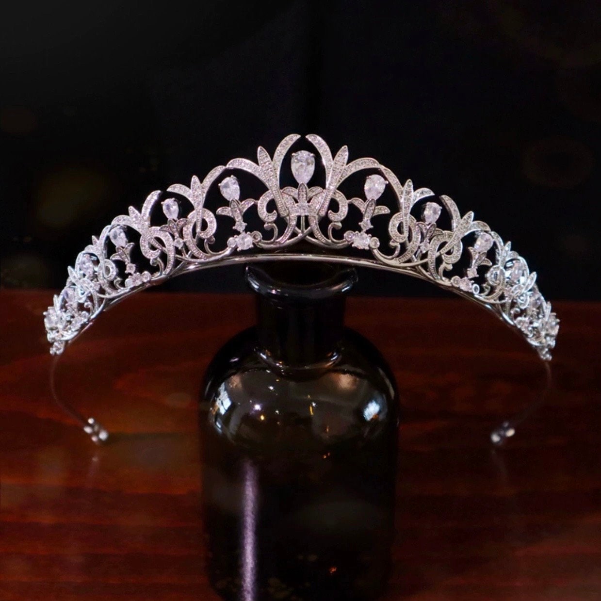 Floral CZ Wedding Tiara Platinum Silver Plated Bridal Crown