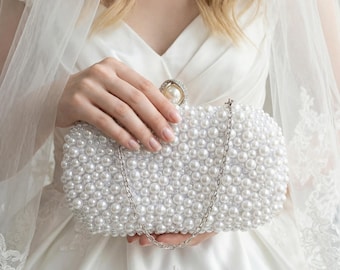 Custom Engraving Pearl Clutch Bag, Personalized Bag, White Purse, Wedding Clutch, Evening Bag, Bridal Clutch with Pearls, Beaded Clutch
