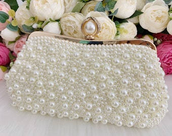 Pearl Clutch Bag, Pearl Evening Bag, Bridal Clutch with Pearls, Beaded Pearl Clutch, Ivory Pearl Purse, Wedding Clutch, Personalized Bag