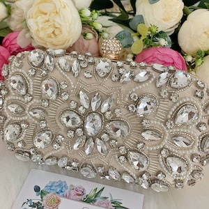 Bolso de mano para novia de boda, Bolso de mano con diamantes de imitación para novia, Monedero de cristal para novia, Bolso de rubor de cristal, Bolso de mano para fiesta de noche