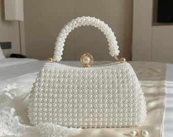 Personalized Pearl Clutch Bag, Pearl Evening Bag, Bridal Clutch with Pearls, Beaded Pearl Clutch, Off White Pearl Purse, Wedding Clutch
