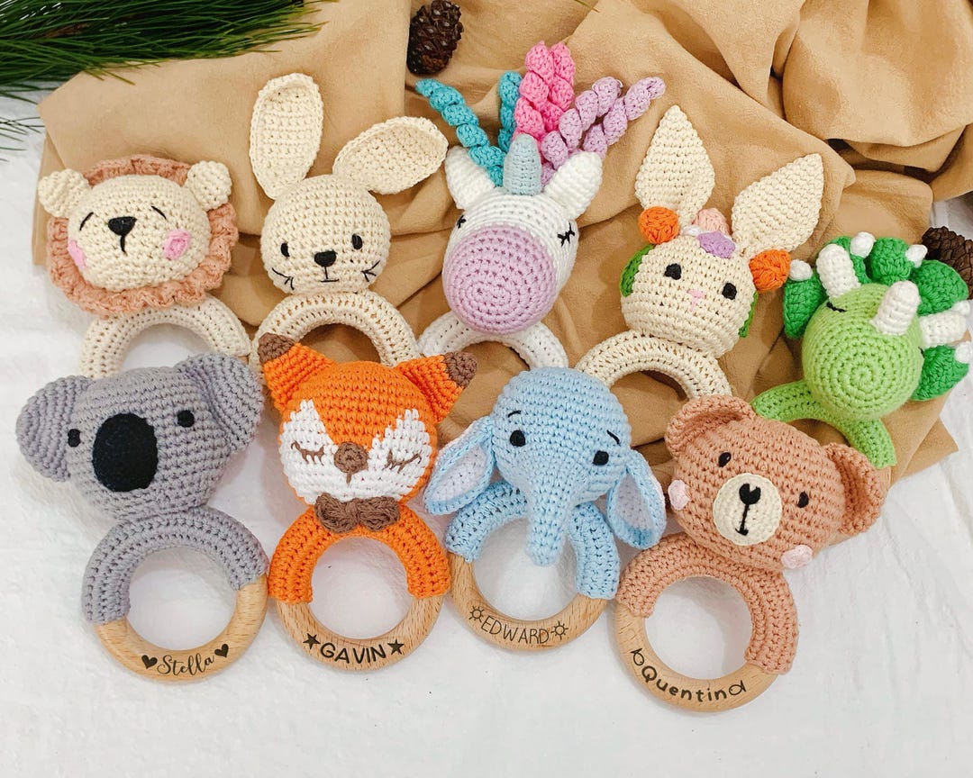 Engraved Animal Crochet Rattle With Name for Baby · Custom Wooden Baby ...
