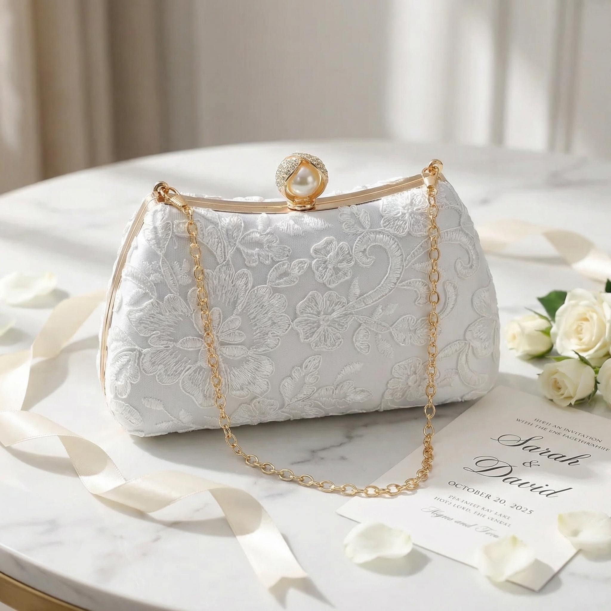 Personalized Embroidered Floral Clutch, Bridal Lace Handbag, White